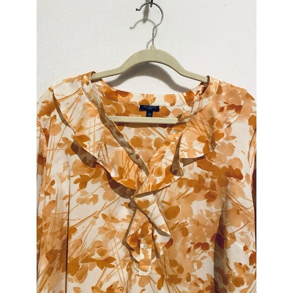 Talbots Top Womens 18W Orange Floral Ruffle Front Popover Chiffon Romantic - Picture 2 of 7